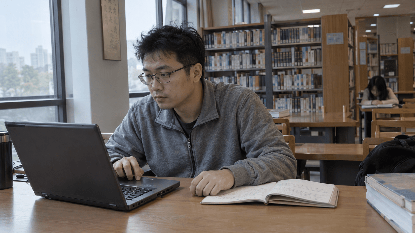 AI 生成求职场景:一位求职者在图书馆查看招聘信息与笔记